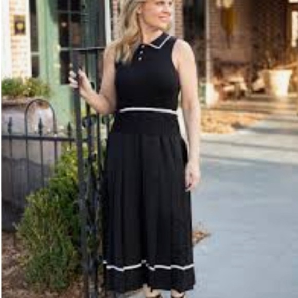 Shoshanna Clarkson Dress NWT Ribbed Knit Sleeveless Pleated Skirt Black White M - Picture 3 of 10